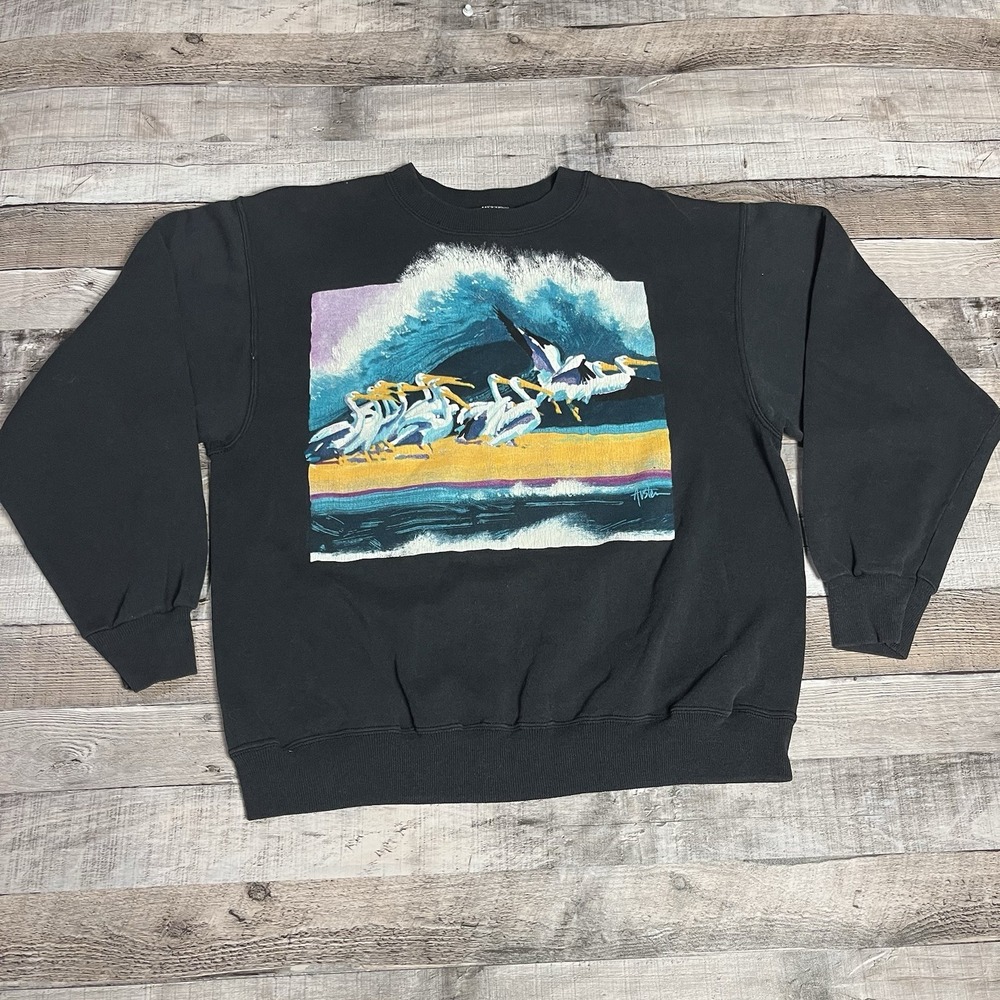 Pelicans Sweatshirt Size Large Black Vintage 90s Nature Scene Beach Ocean